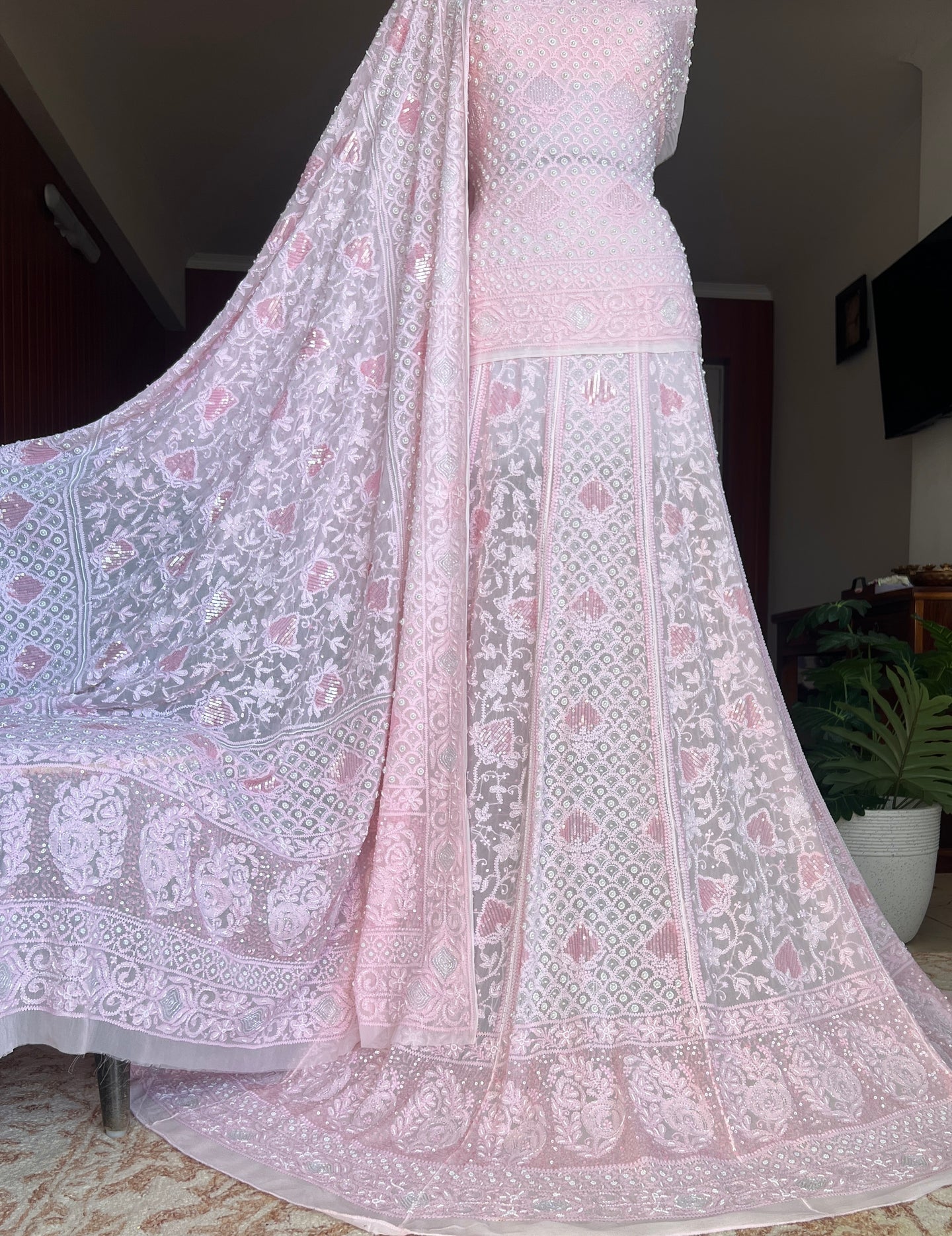 Ruhani Peachish Pink Chikankari Cut Dana Sequins Wedding Lehenga
